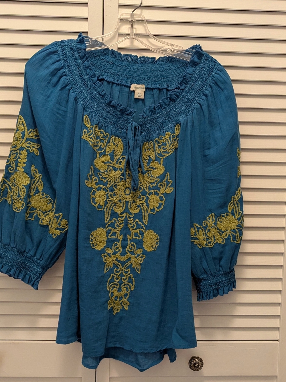 Sundance Teal Tunic with Yellow-Green Floral Embroidery